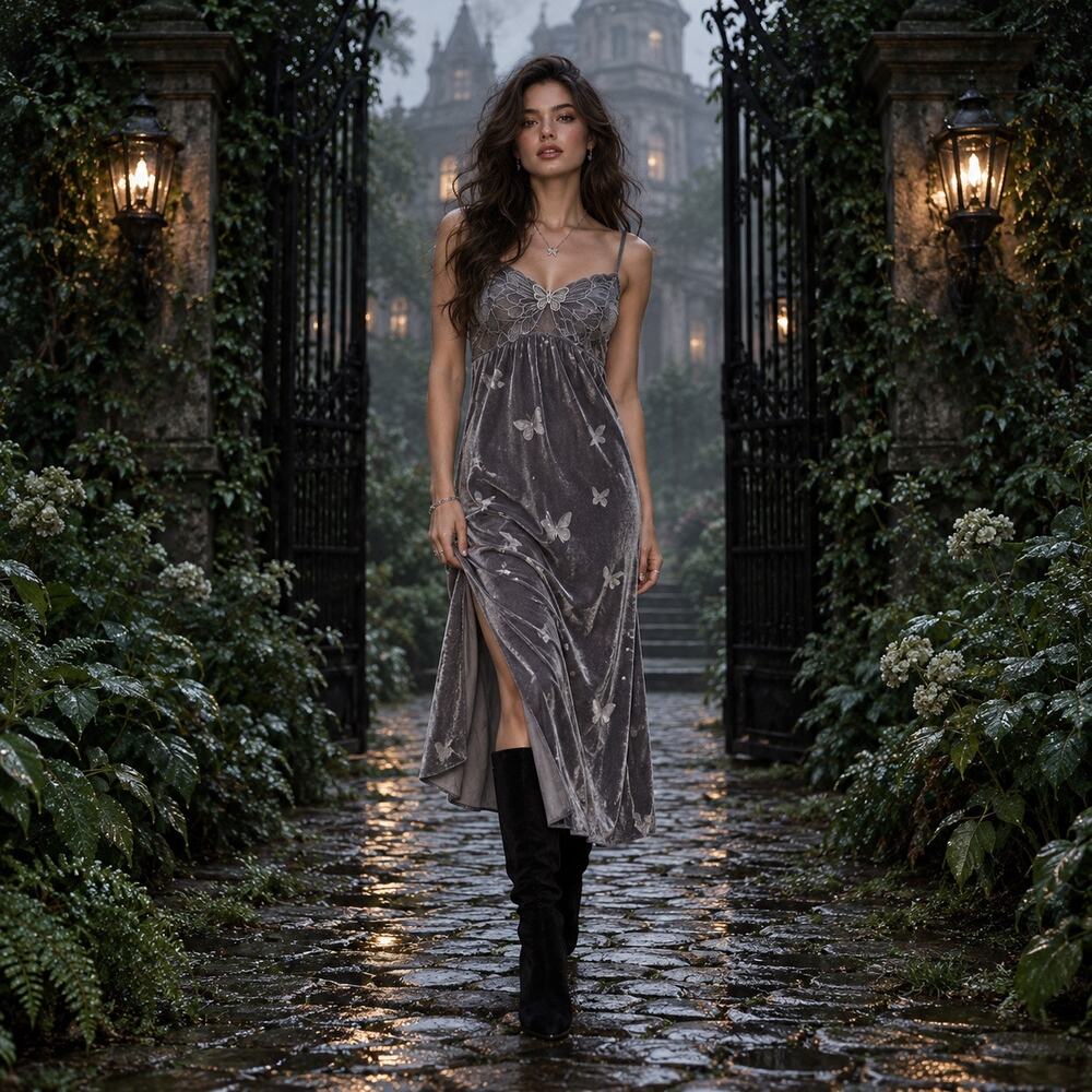 Levenien NWT Lavender Gray Velvet Butterfly Midi Dress Y2K Fairy Grunge S